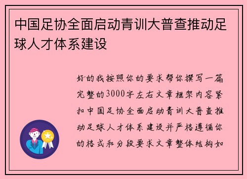 中国足协全面启动青训大普查推动足球人才体系建设